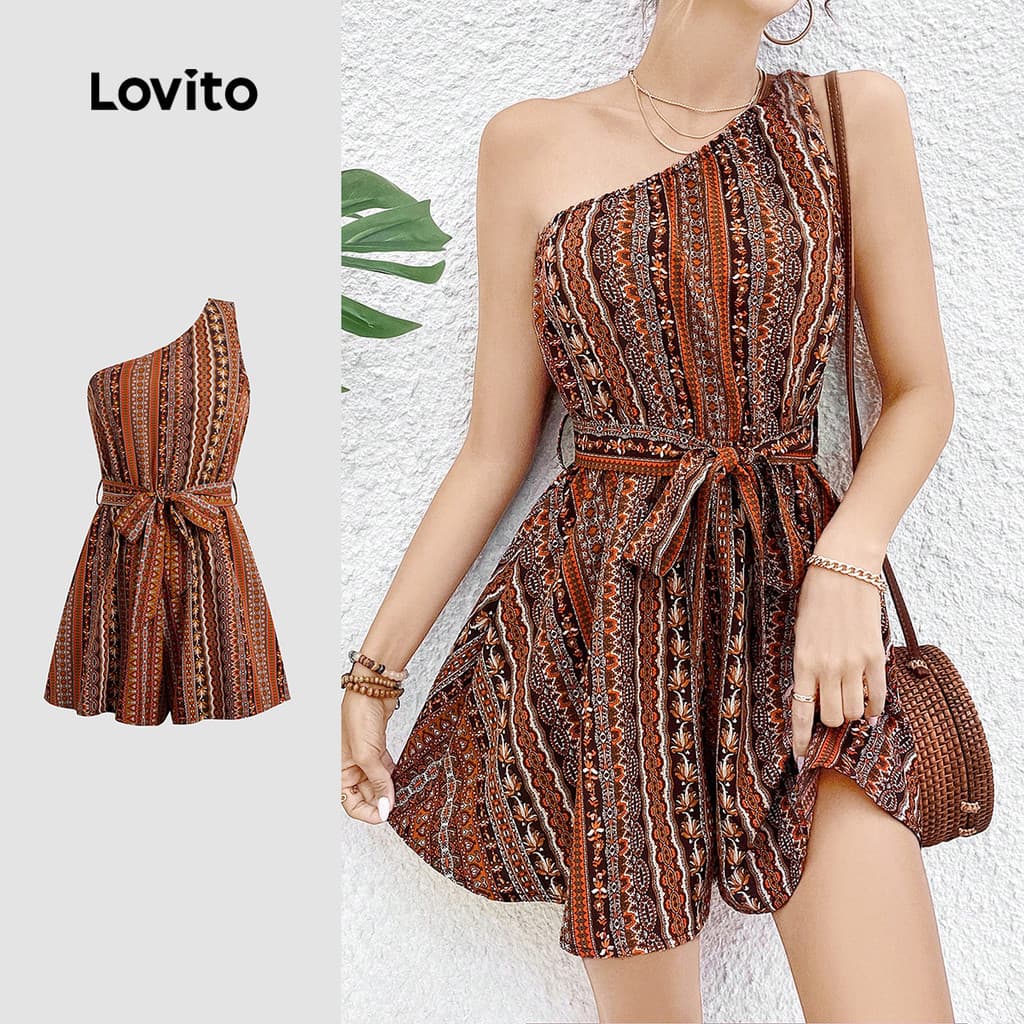 Lovito Boho Férias Macacão com Cinto Assimétrico para Primavera/verão para Mulheres L138ED567