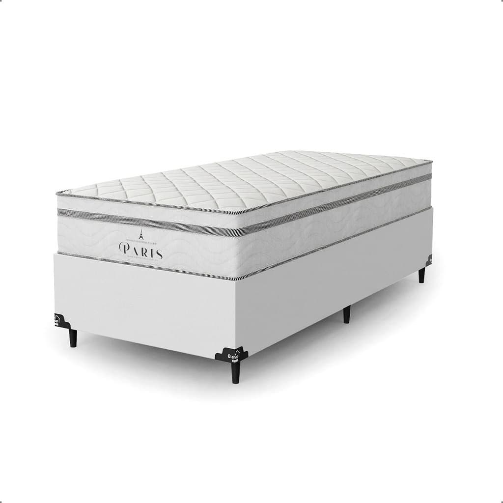 Cama Box Solteiro + Colchão Paris Molas Ensacadas - Branco - e-Shop Casa
