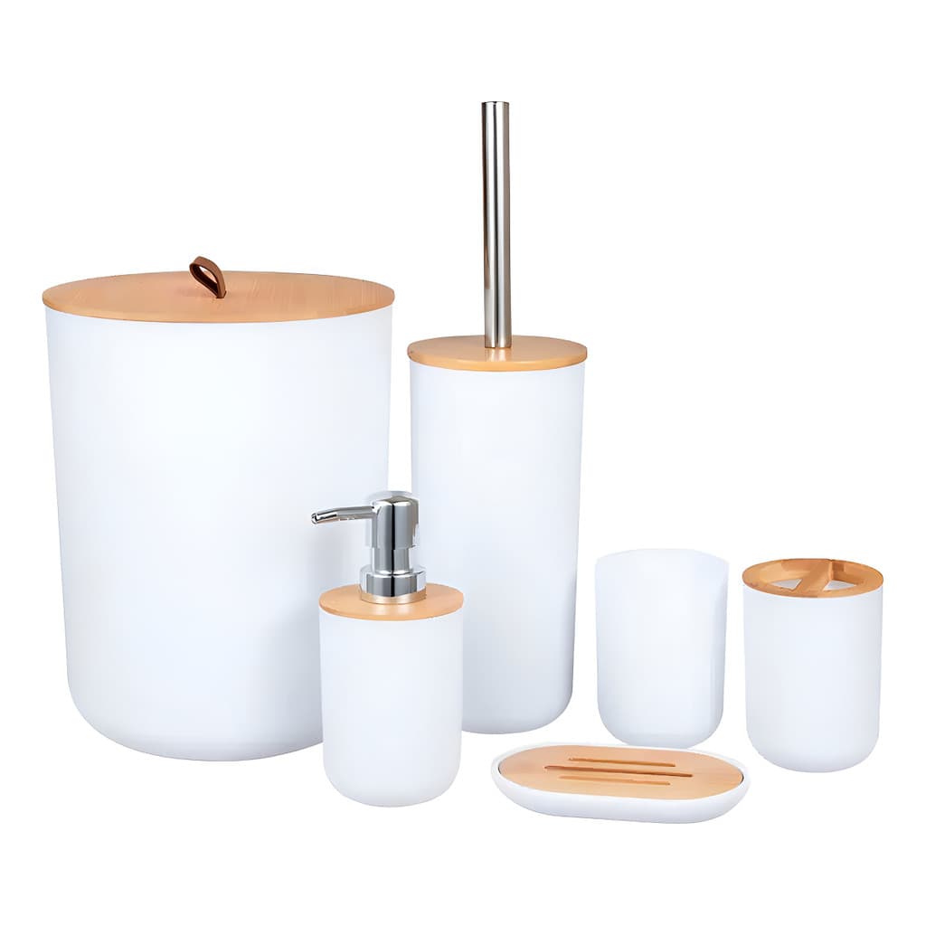 Kit Conjunto Banheiro 6 Peças Lixeira Com Tampa Bambu Plástico Organizador Decoração Lavabo Tippi