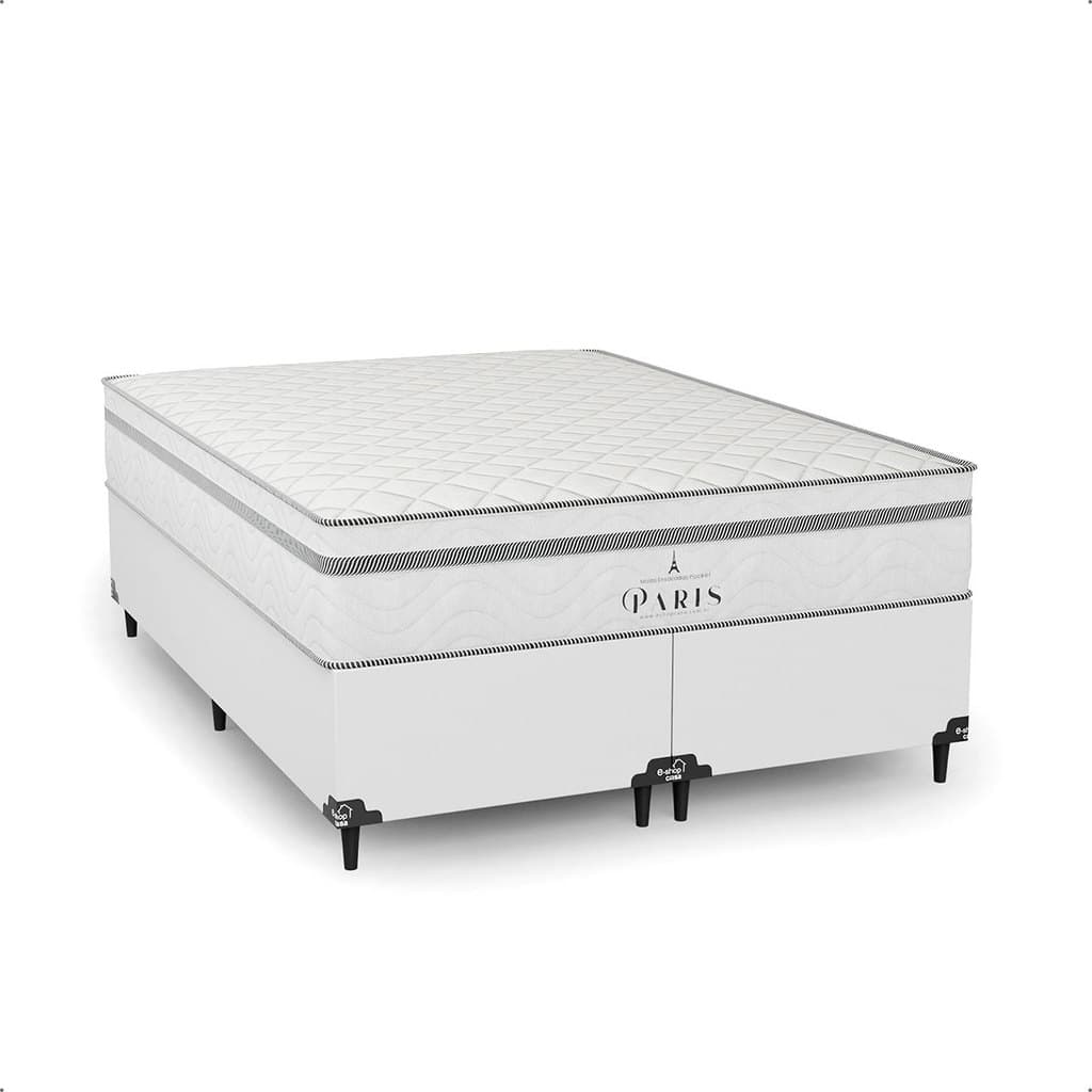 Cama Box Casal Bipartido + Colchão Paris Molas Ensacadas - Couro Branco - e-Shop Casa