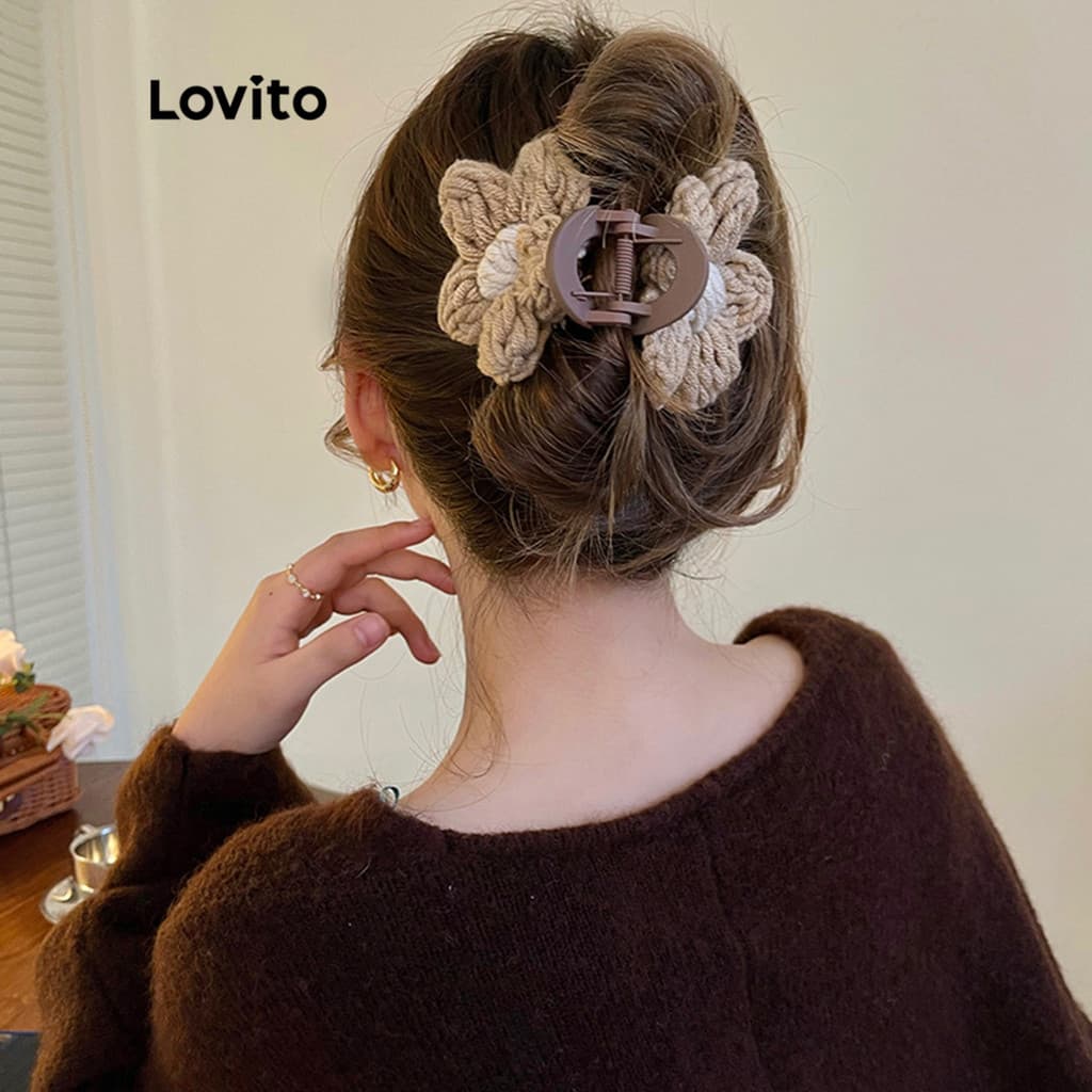 Lovito Grampos De Cabelo Casuais Com Flores Lisas Para Mulheres LNA14105 (Cáqui/Branco Off)