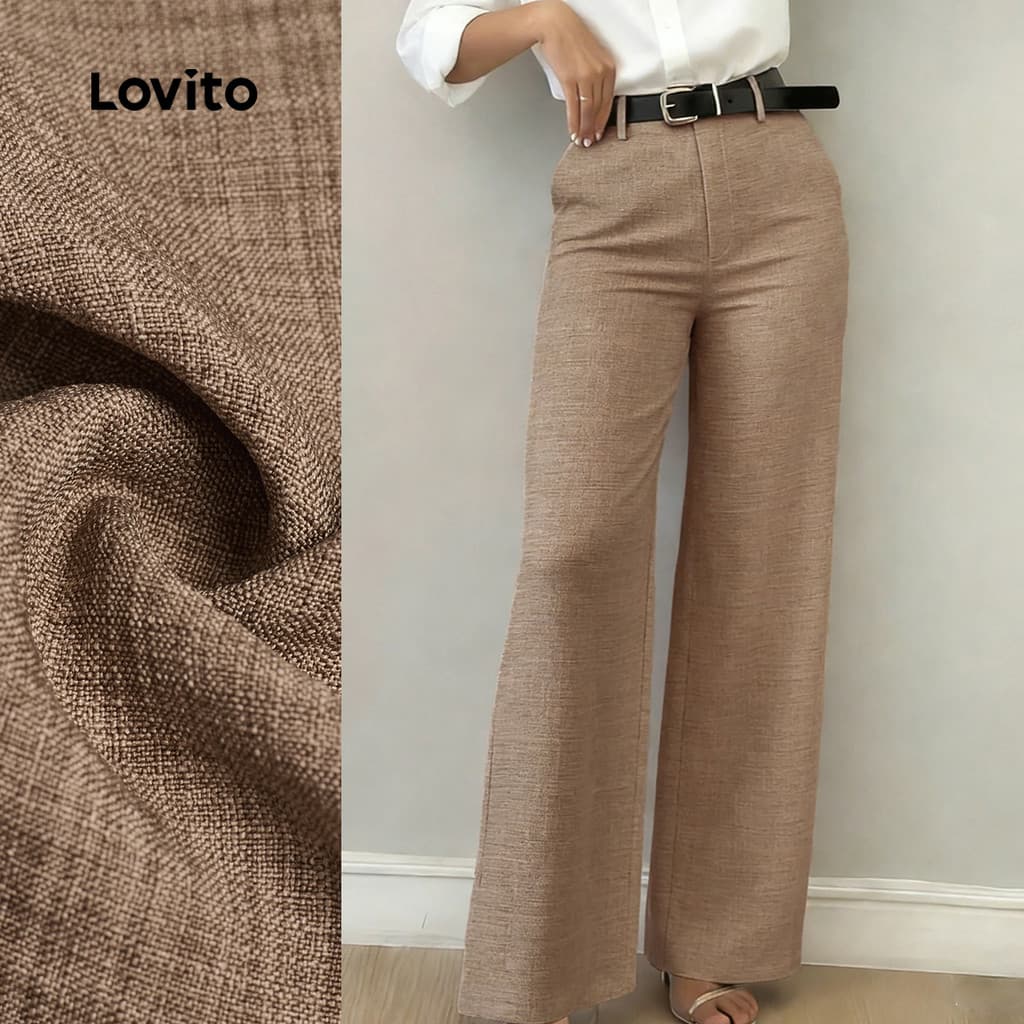 Lovito Calça Casual com Zíper de Bolso Primavera/verão Marrom para Mulheres. L172LD1947