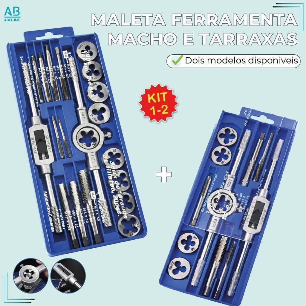 Kit Jogo Cossinete Macho e Tarraxa Rosca 3-12mm 20 Peças com Maleta Aço