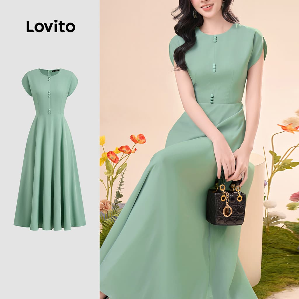 Lovito Elegante Vestido com Botões Na Frente Simples para Deslocamentos Primavera/verão Vestido verde L142ED684