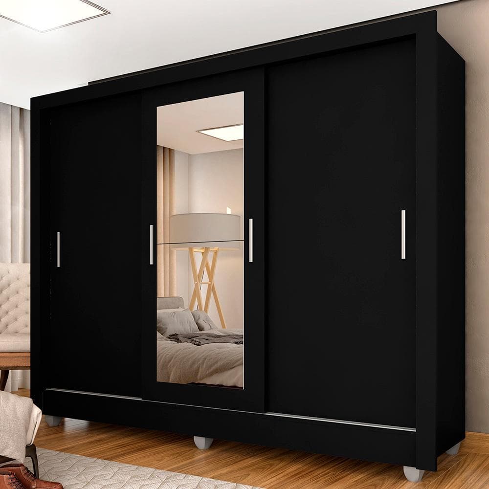 Guarda Roupa Casal Vivian 3 Pts Espelho Menor Preto Fosco - M.a