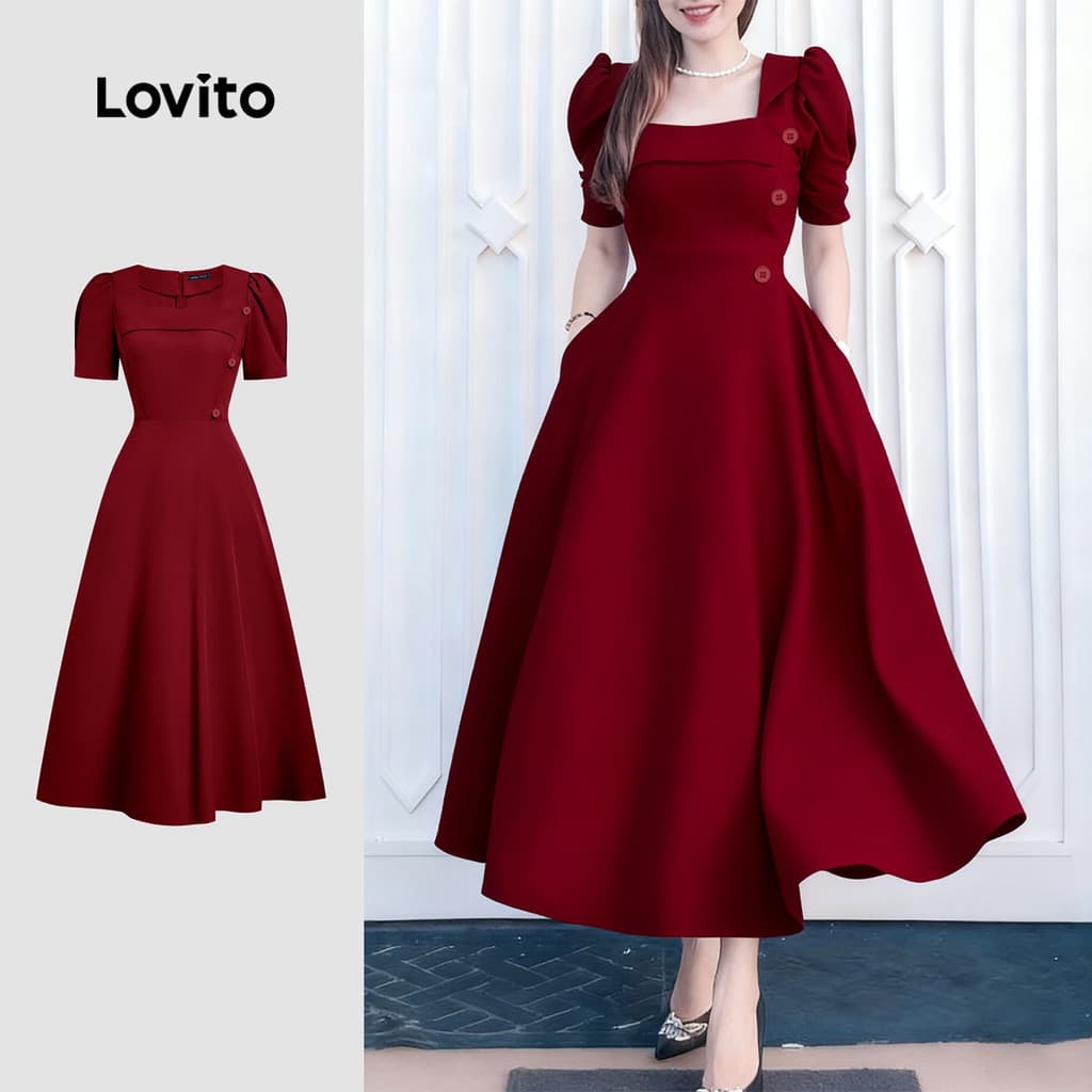 Lovito Festa Elegante Vestido Delicado Longo Assimétrico Confortável e Estiloso Primavera/verão Bordô Para Mulheres L158ED1134