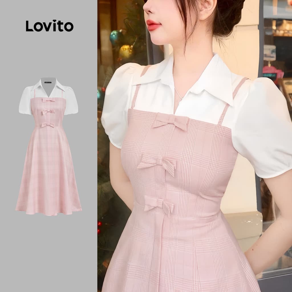 (Elegante) Lovito Tecido de Vestido Laço Frontal Vestido Rosa Primavera/verão para mulheres L177ED267