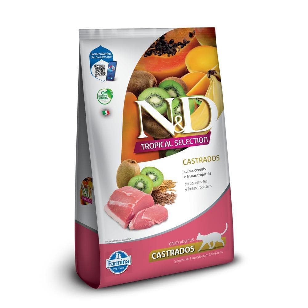 N&D Tropical para Gatos Adultos Castrados de Todas as Raças Sabor Suíno, Cereais e Frutas Tropicais 1,5Kg