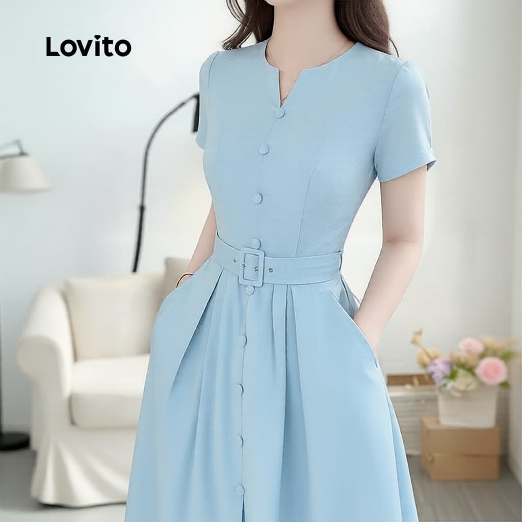 Lovito Vestido Azul Feminino Casual Botão Frontal Cinto e Zíper Primavera-Verão LK5ED504