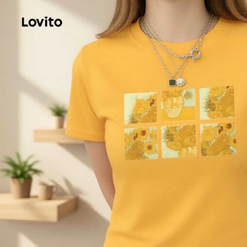 Lovito Casual Camiseta Feminina Amarelo Van Gogh Girassóis Primavera/Verão LFI1ED013