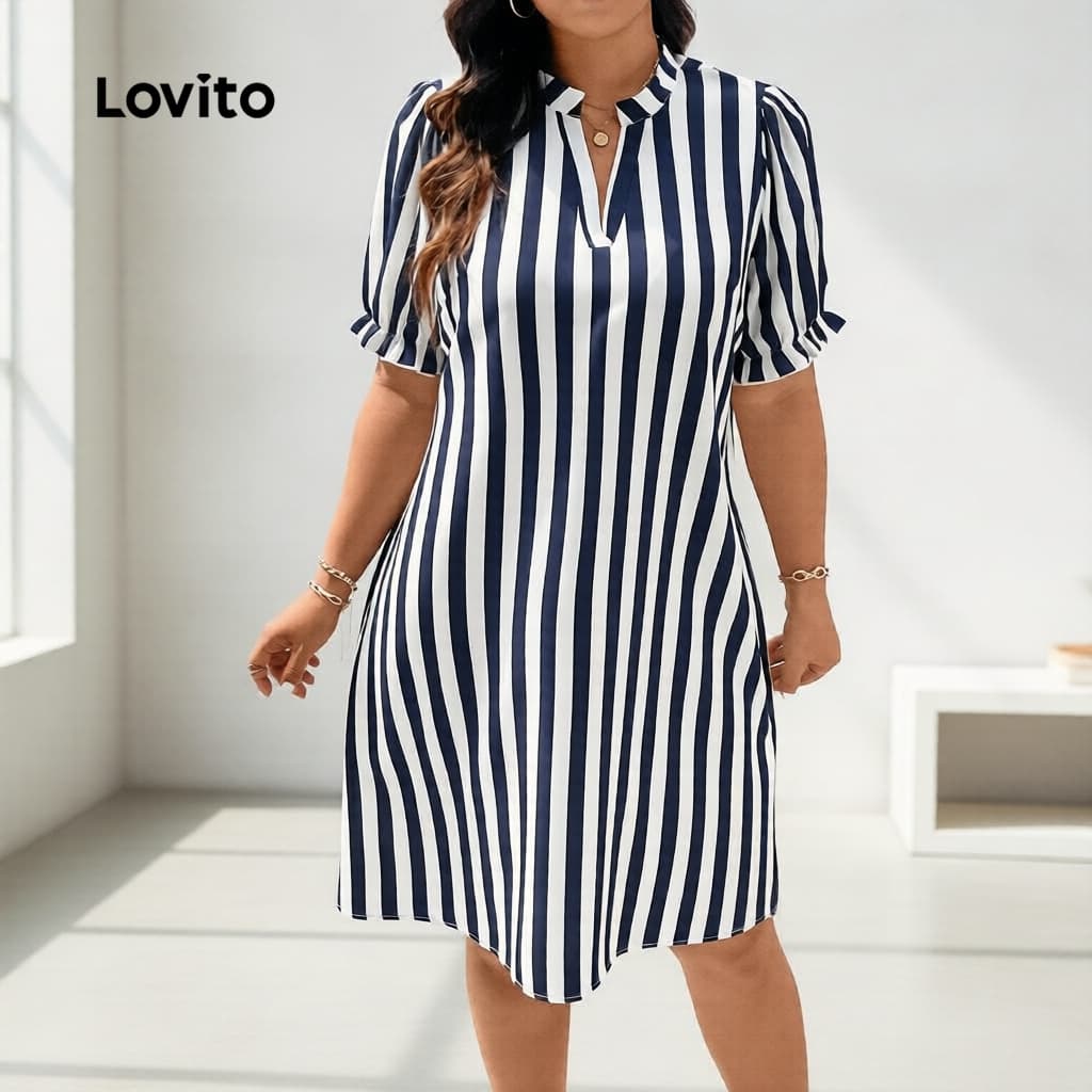 Lovito Casual Vestido Feminino Curvo Listrado Com Babados Botões Plus Size LBL15492