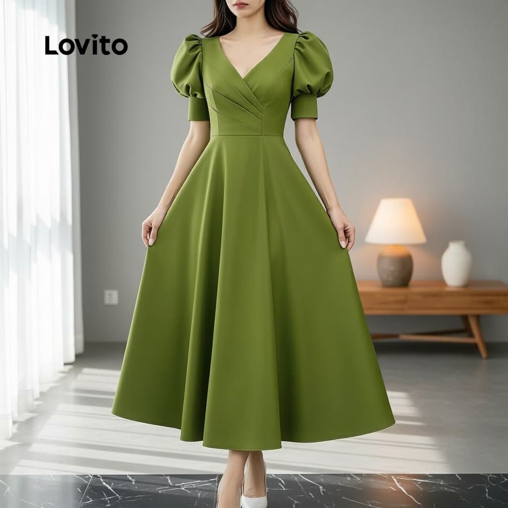 Lovito Elegante Vestido Feminino Plissado Verde Primavera Verão L171ED1036