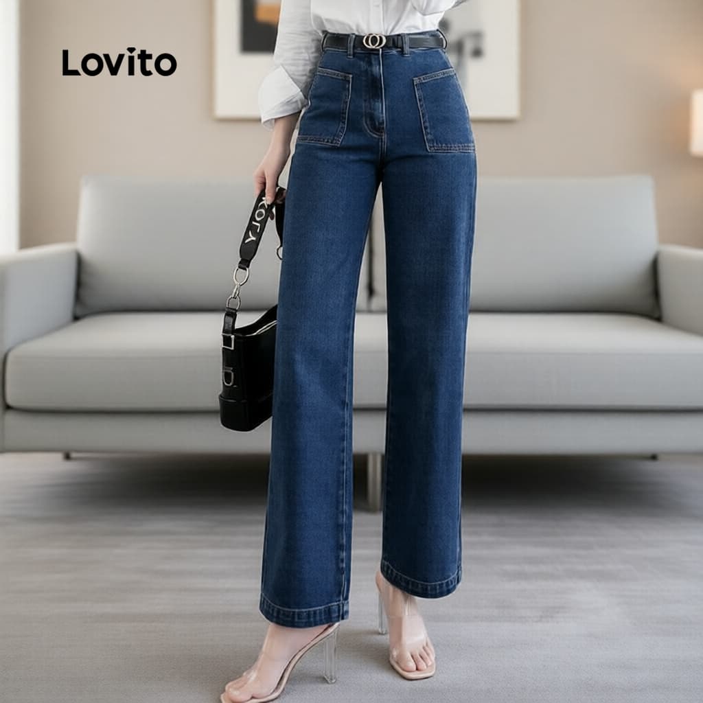 Lovito Elegante Calça Jeans Feminina Lavada Corte Clássico Cinza e Azul Primavera/Verão LK2ED1350