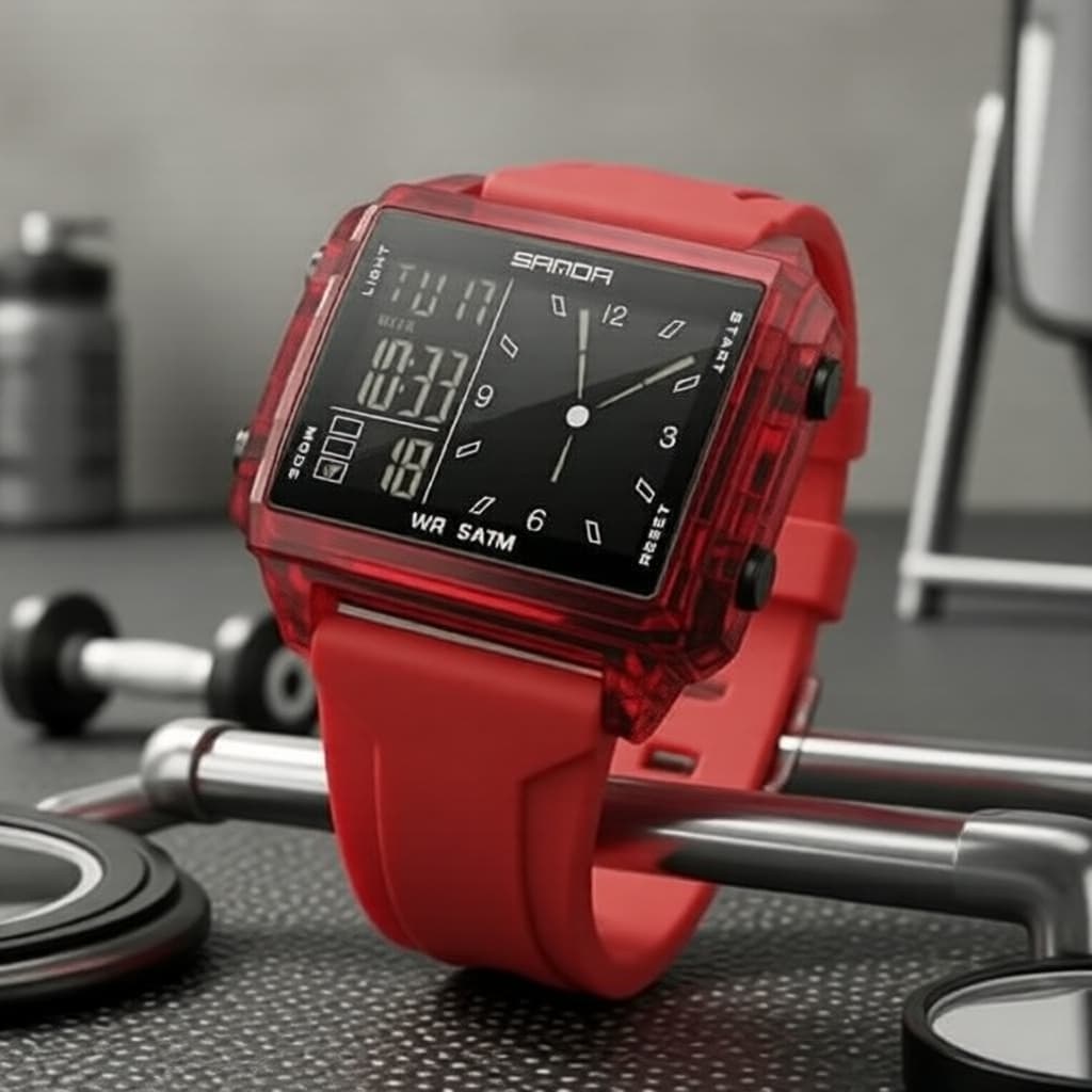 Relógio Esportivo Digital Masculino SANDA 6273, Caixa Quadrada Transparente, Dual Time, Alarme, Resistente à Água, para