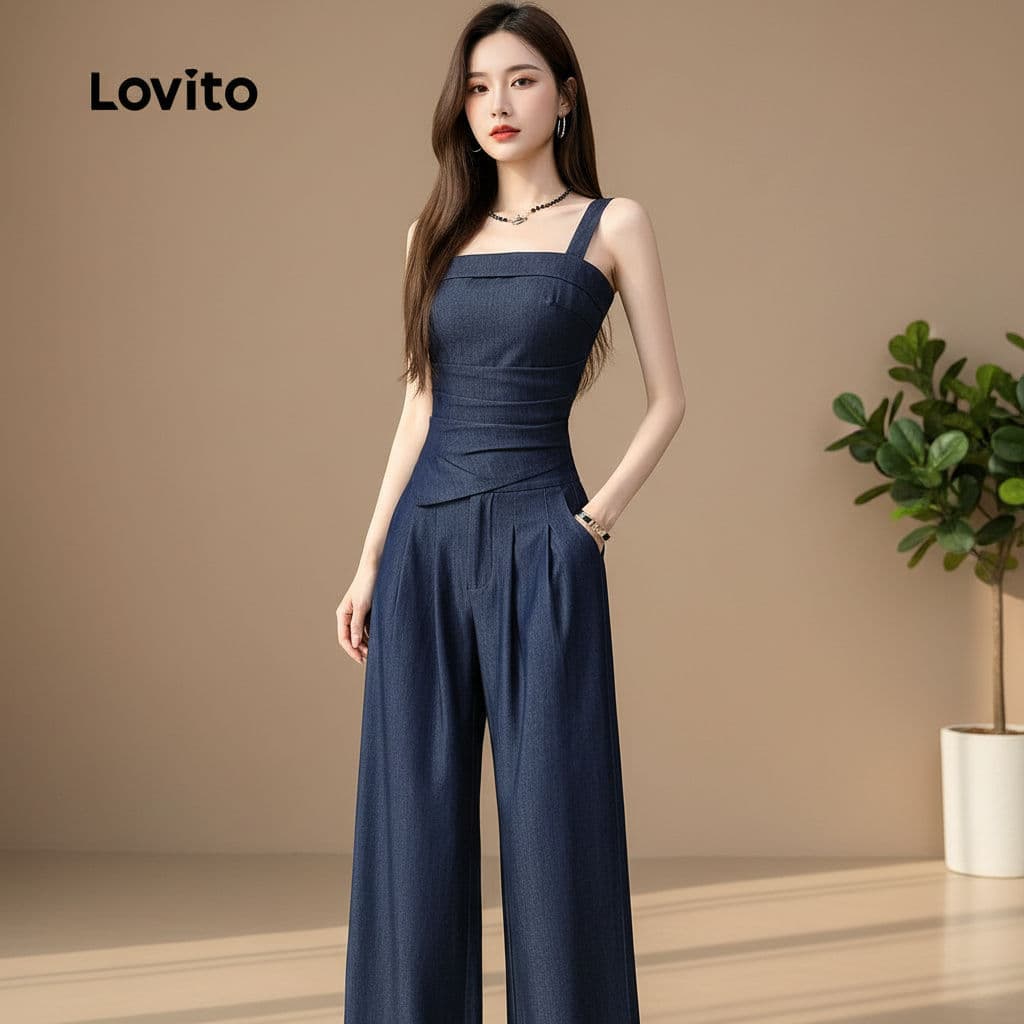 Lovito Elegante Blusas ou Calças Plissadas Primavera/Verão Conjunto Azul Escuro L166AD1002