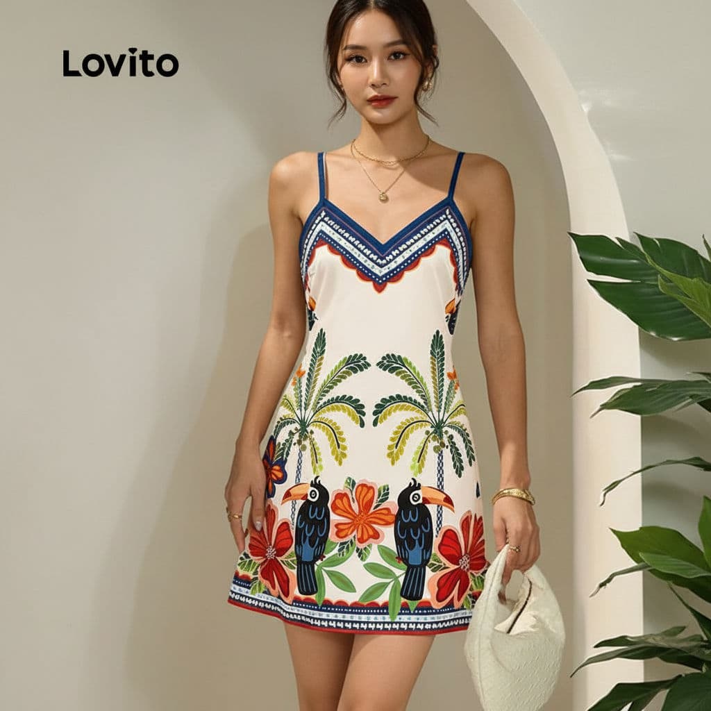 Lovito Férias Vestido Boêmio Alças Ajustáveis para Primavera/Verão Feminino LBL31253