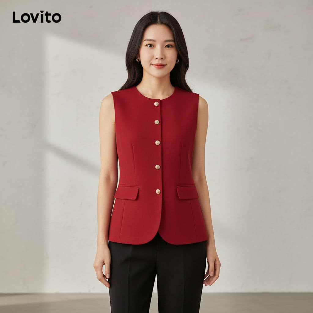 Lovito Elegante Blusa Feminina by com Botões Frontais Primavera/Verão Vermelho LK2LD422