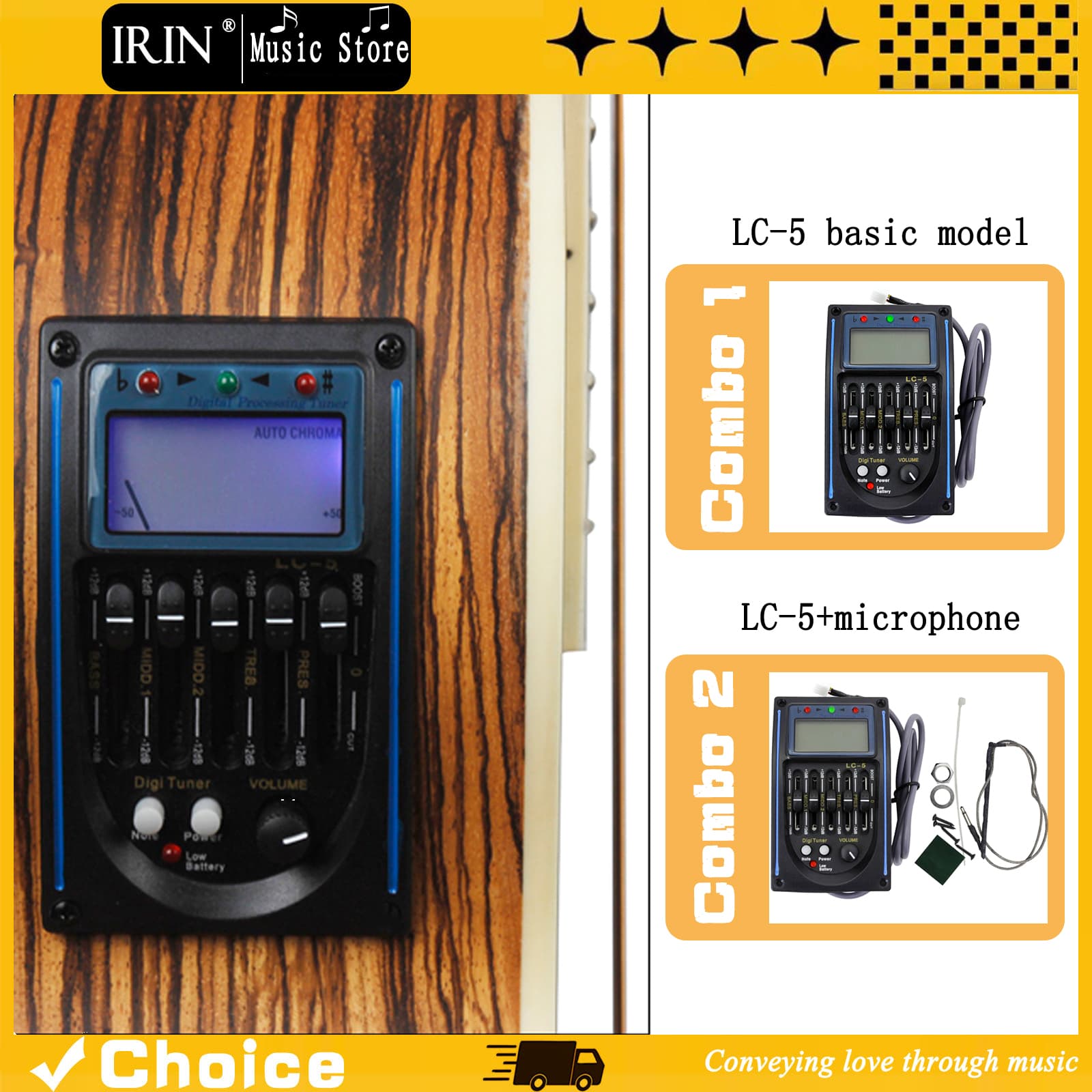 Captador de guitarra pré-amplificador clássico EQ equalizador acústico 5 bandas com controle de volume, médios, agudos e