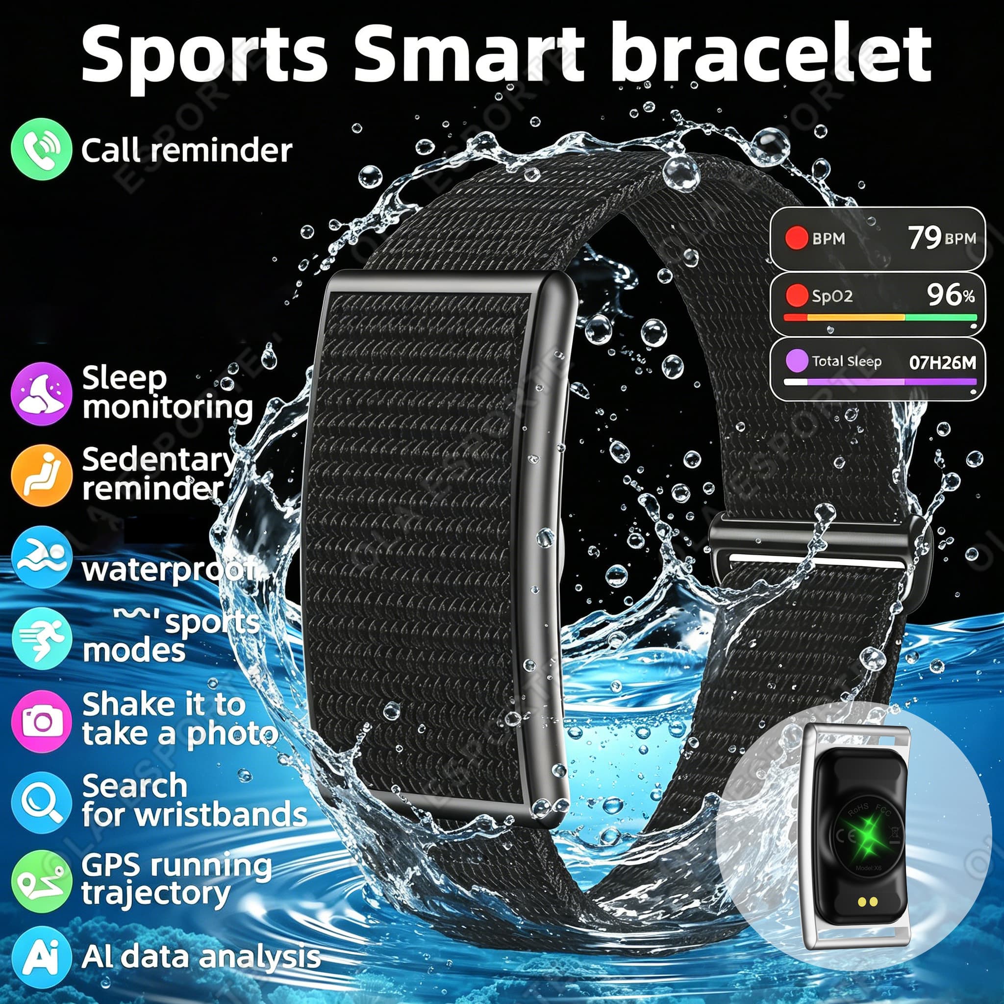 Relógio Inteligente Masculino sem Tela Esportivo para Atividades ao Ar Livre Monitoramento de Frequência Cardíaca 1ATM à