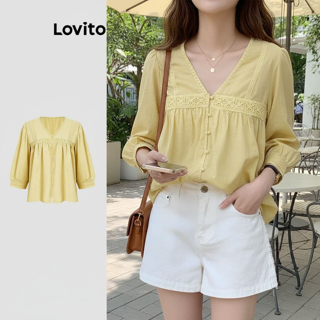 Lovito Casual Blusa Feminina Lisa com Zíper Franzido L110AD634