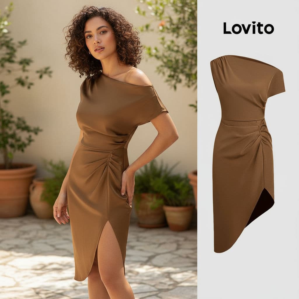 Lovito Elegante Vestido Glamouroso Plissado com Zíper Marrom para Mulheres L155AD343\2
