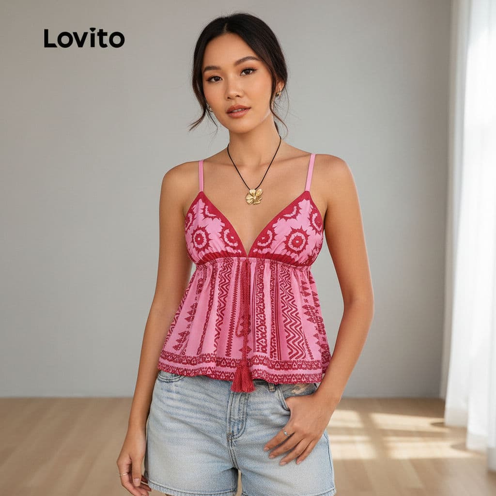 Lovito Blusa Férias Feminina Tassel Sem Costas Primavera Verão LBL32267